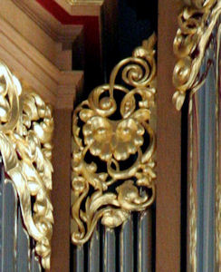 wooden carved owl sculpture, Pipe organ screens, St Marks Cathedral, Seattle, WA